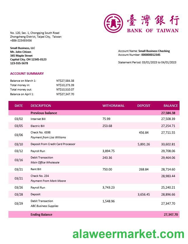 Bank of Taiwan company checking account statement Word and PDF template